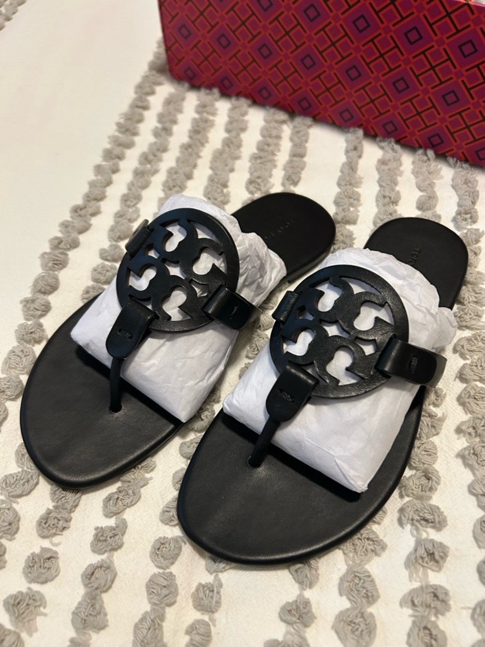 Tory Burch Miller Black Leather Logo Thong Sandals - Women